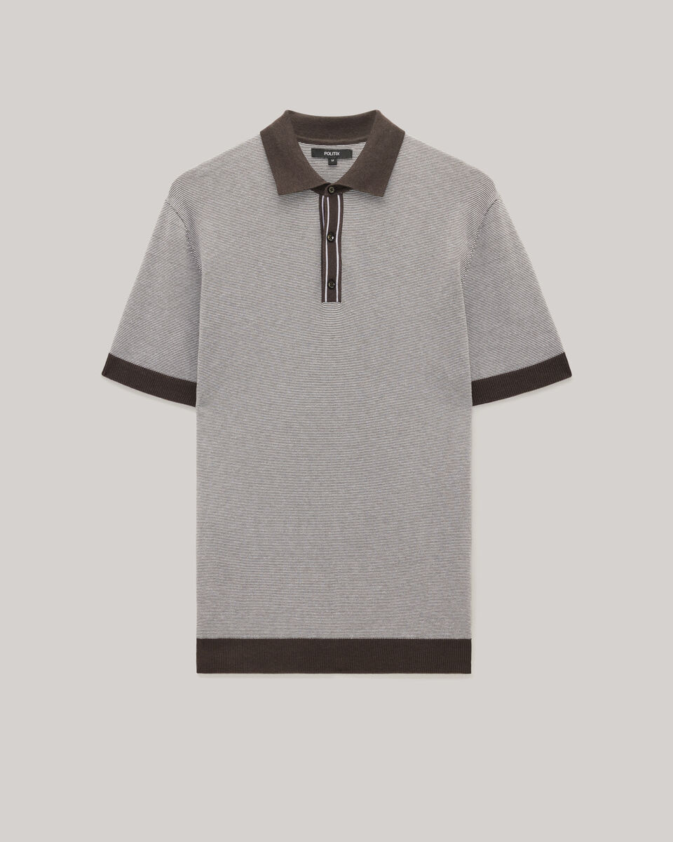 Striped Button-up Collar Polo, Khaki, hi-res